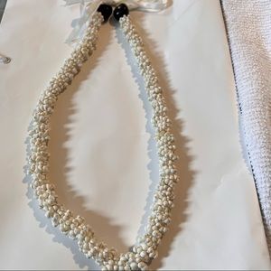 White Shell Necklace with Dark Brown Bead Accent and Ribbon